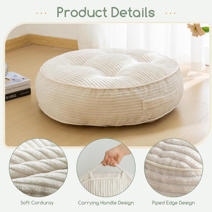 Floor Pillow Cushion for Adults, Meditation Cushion Pillow, Large Square Floor Sitting, Tufted Corduroy Cover, for Tatami Living Room or Yoga, 22x22 Inch, Dark Grey