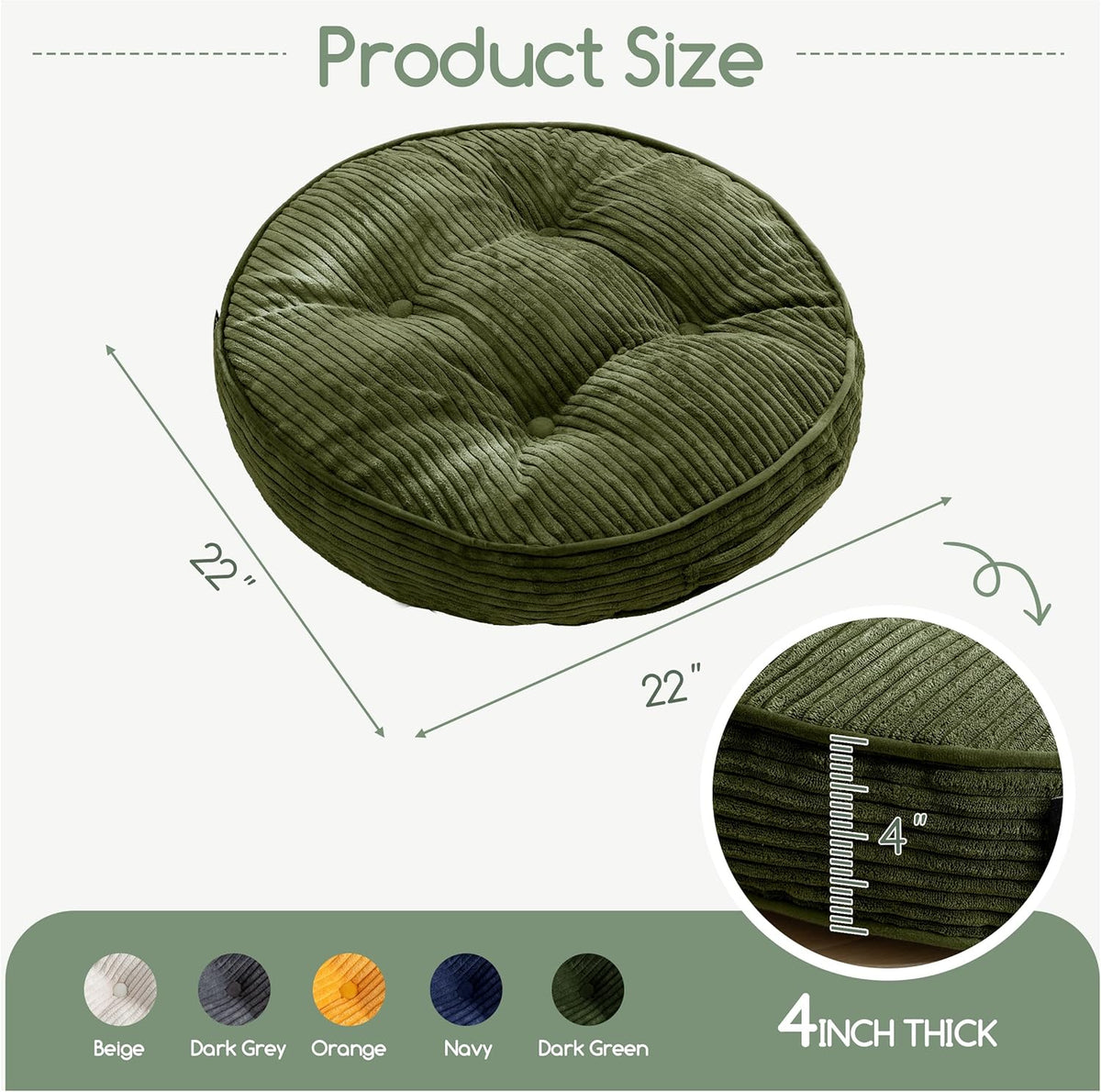 Floor Pillow Cushion for Adults, Meditation Cushion Pillow, Large Square Floor Sitting, Tufted Corduroy Cover, for Tatami Living Room or Yoga, 22x22 Inch, Dark Grey