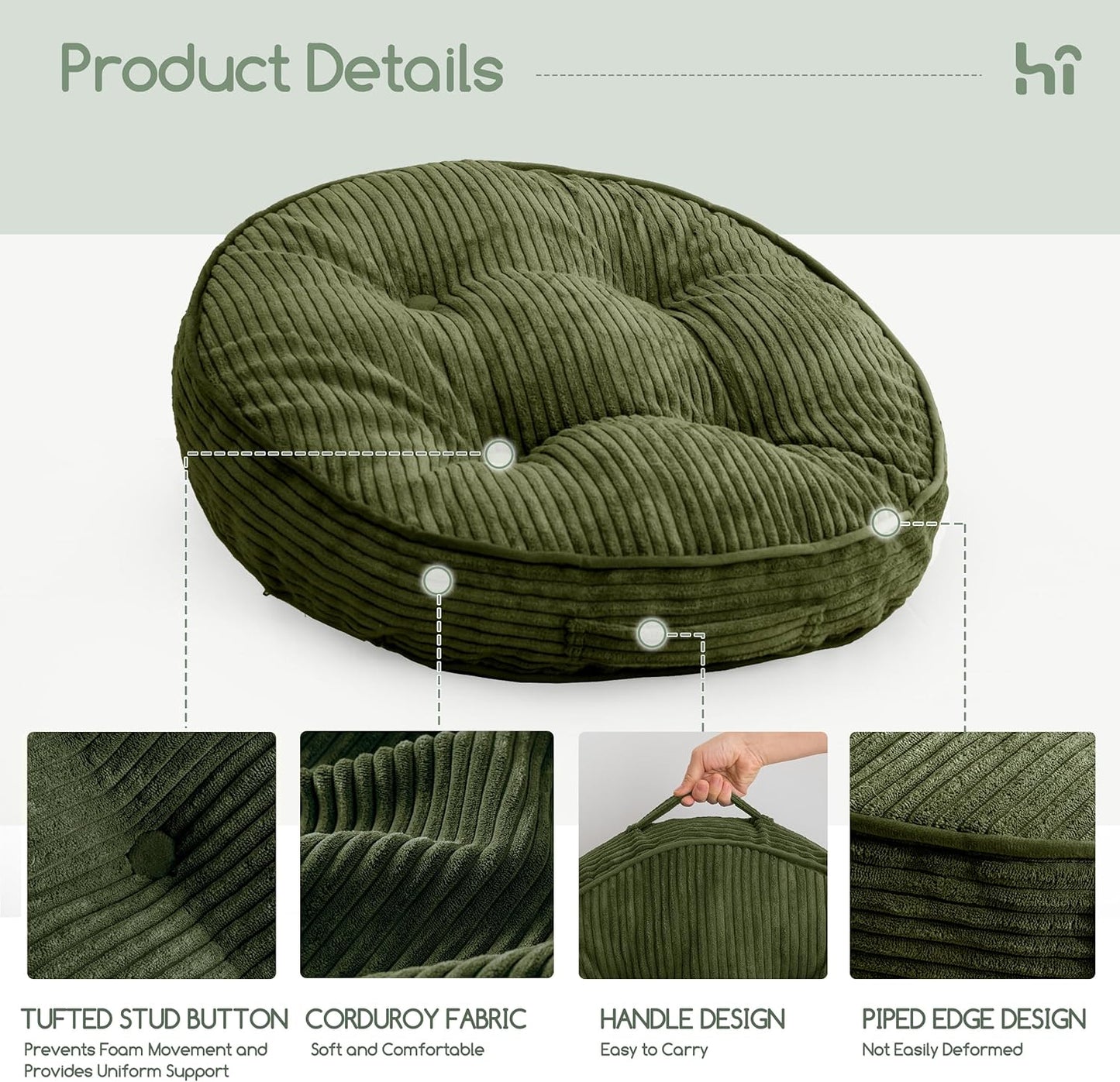Floor Pillow Cushion for Adults, Meditation Cushion Pillow, Large Square Floor Sitting, Tufted Corduroy Cover, for Tatami Living Room or Yoga, 22x22 Inch, Dark Grey