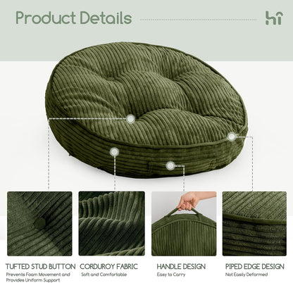 Floor Pillow Cushion for Adults, Meditation Cushion Pillow, Large Square Floor Sitting, Tufted Corduroy Cover, for Tatami Living Room or Yoga, 22x22 Inch, Dark Grey