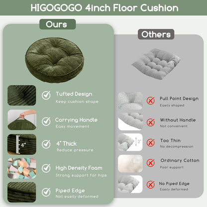 Floor Pillow Cushion for Adults, Meditation Cushion Pillow, Large Square Floor Sitting, Tufted Corduroy Cover, for Tatami Living Room or Yoga, 22x22 Inch, Dark Grey