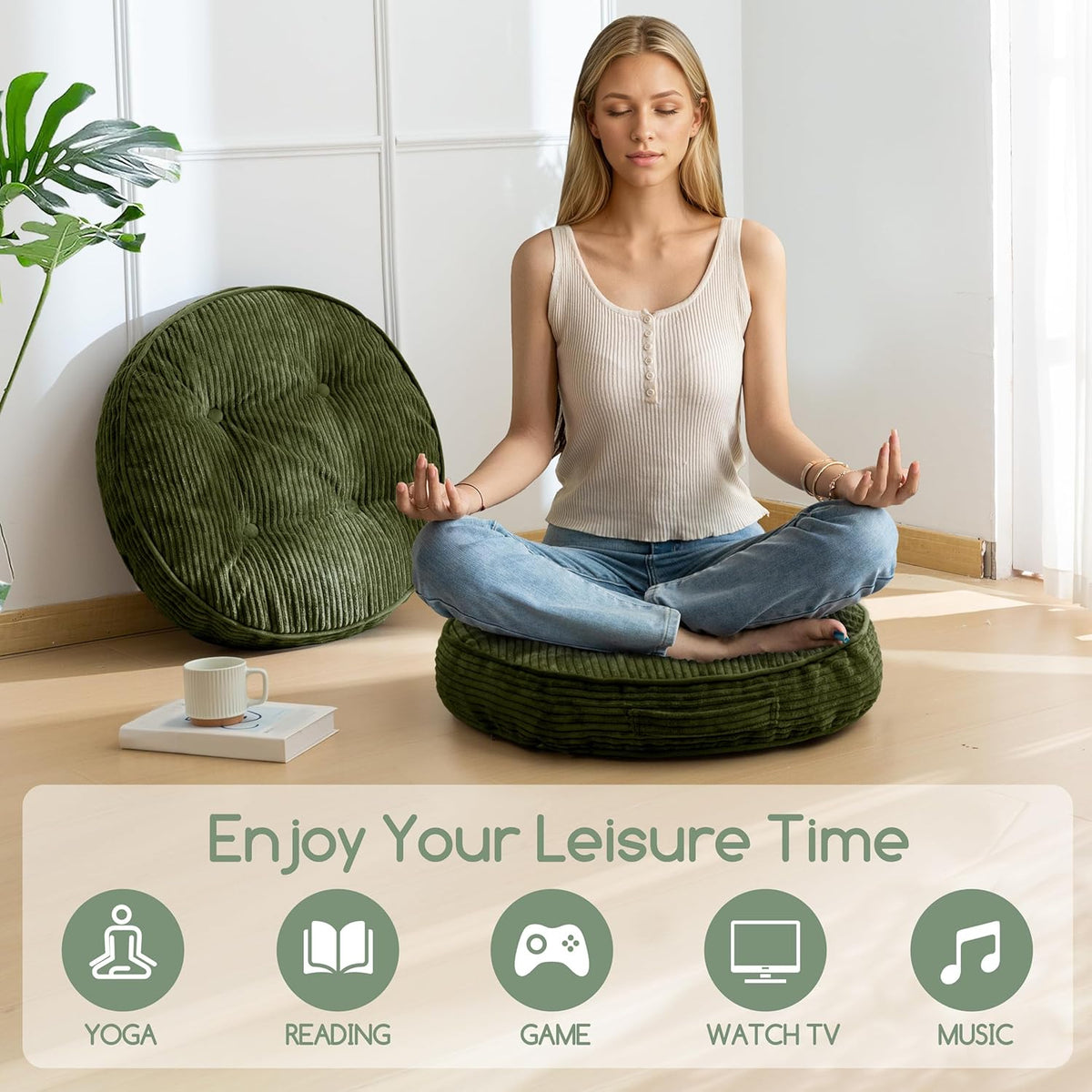 Floor Pillow Cushion for Adults, Meditation Cushion Pillow, Large Square Floor Sitting, Tufted Corduroy Cover, for Tatami Living Room or Yoga, 22x22 Inch, Dark Grey