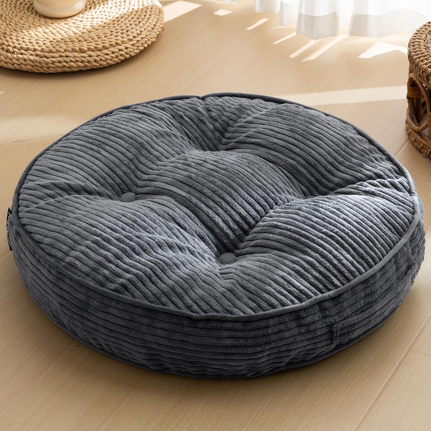 Floor Pillow Cushion for Adults, Meditation Cushion Pillow, Large Square Floor Sitting, Tufted Corduroy Cover, for Tatami Living Room or Yoga, 22x22 Inch, Dark Grey