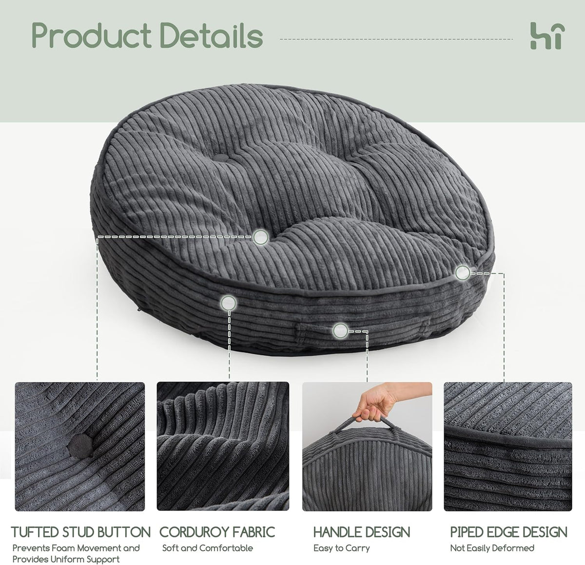 Floor Pillow Cushion for Adults, Meditation Cushion Pillow, Large Square Floor Sitting, Tufted Corduroy Cover, for Tatami Living Room or Yoga, 22x22 Inch, Dark Grey