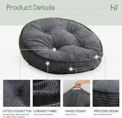 Floor Pillow Cushion for Adults, Meditation Cushion Pillow, Large Square Floor Sitting, Tufted Corduroy Cover, for Tatami Living Room or Yoga, 22x22 Inch, Dark Grey
