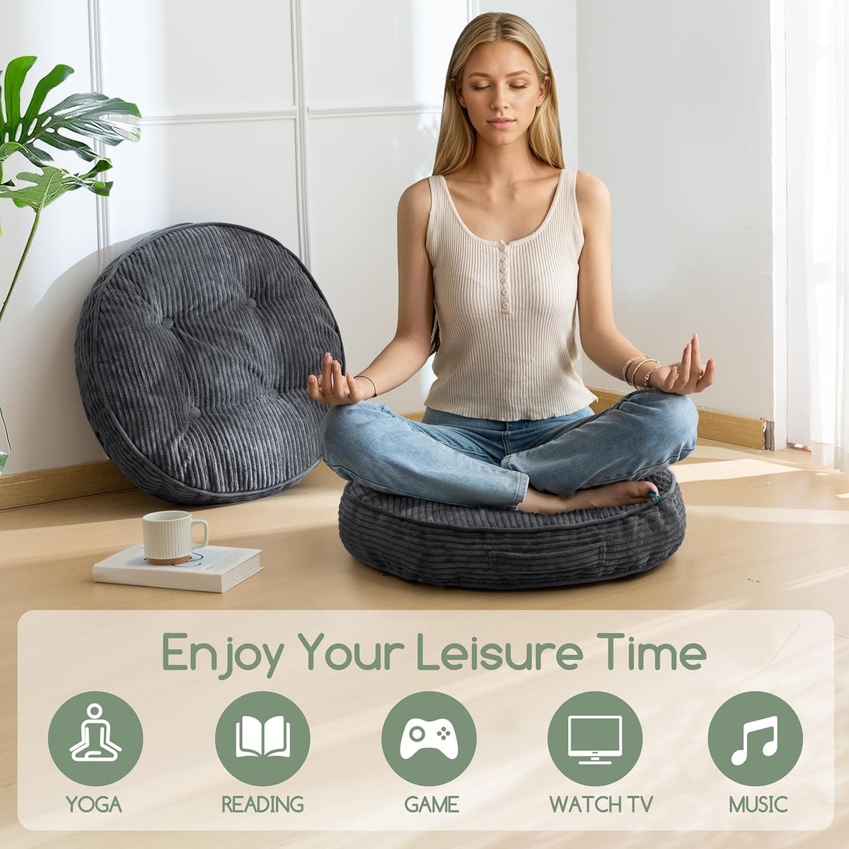 Floor Pillow Cushion for Adults, Meditation Cushion Pillow, Large Square Floor Sitting, Tufted Corduroy Cover, for Tatami Living Room or Yoga, 22x22 Inch, Dark Grey