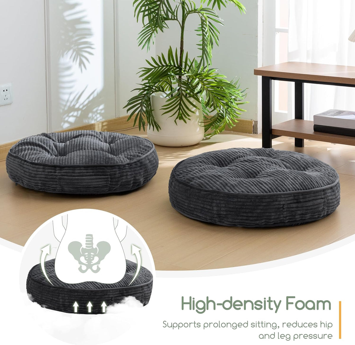 Floor Pillow Cushion for Adults, Meditation Cushion Pillow, Large Square Floor Sitting, Tufted Corduroy Cover, for Tatami Living Room or Yoga, 22x22 Inch, Dark Grey