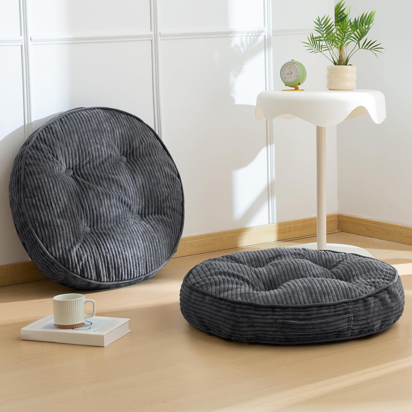 Floor Pillow Cushion for Adults, Meditation Cushion Pillow, Large Square Floor Sitting, Tufted Corduroy Cover, for Tatami Living Room or Yoga, 22x22 Inch, Dark Grey