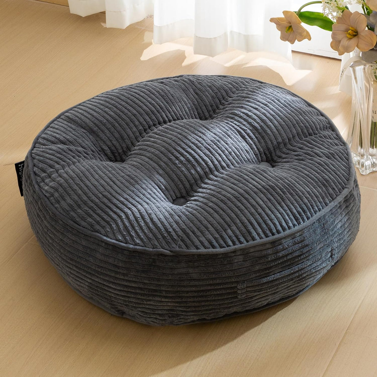 Floor Pillow Cushion for Adults, Meditation Cushion Pillow, Large Square Floor Sitting, Tufted Corduroy Cover, for Tatami Living Room or Yoga, 22x22 Inch, Dark Grey