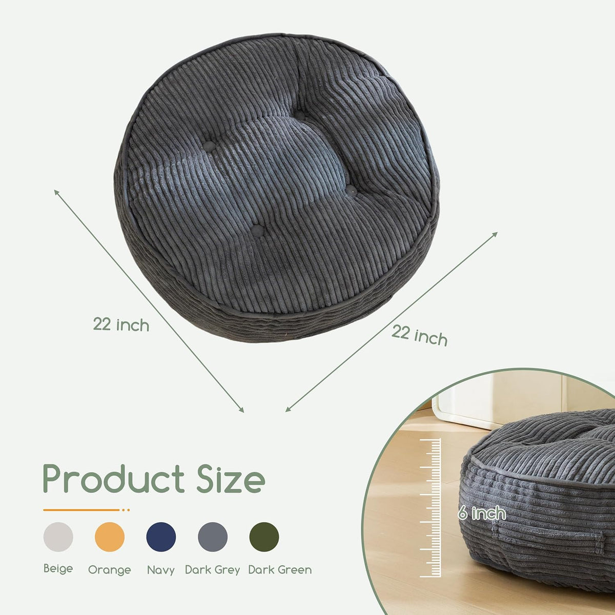 Floor Pillow Cushion for Adults, Meditation Cushion Pillow, Large Square Floor Sitting, Tufted Corduroy Cover, for Tatami Living Room or Yoga, 22x22 Inch, Dark Grey