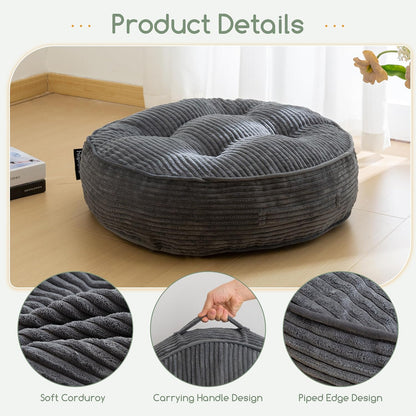 Floor Pillow Cushion for Adults, Meditation Cushion Pillow, Large Square Floor Sitting, Tufted Corduroy Cover, for Tatami Living Room or Yoga, 22x22 Inch, Dark Grey