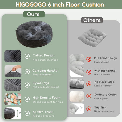 Floor Pillow Cushion for Adults, Meditation Cushion Pillow, Large Square Floor Sitting, Tufted Corduroy Cover, for Tatami Living Room or Yoga, 22x22 Inch, Dark Grey