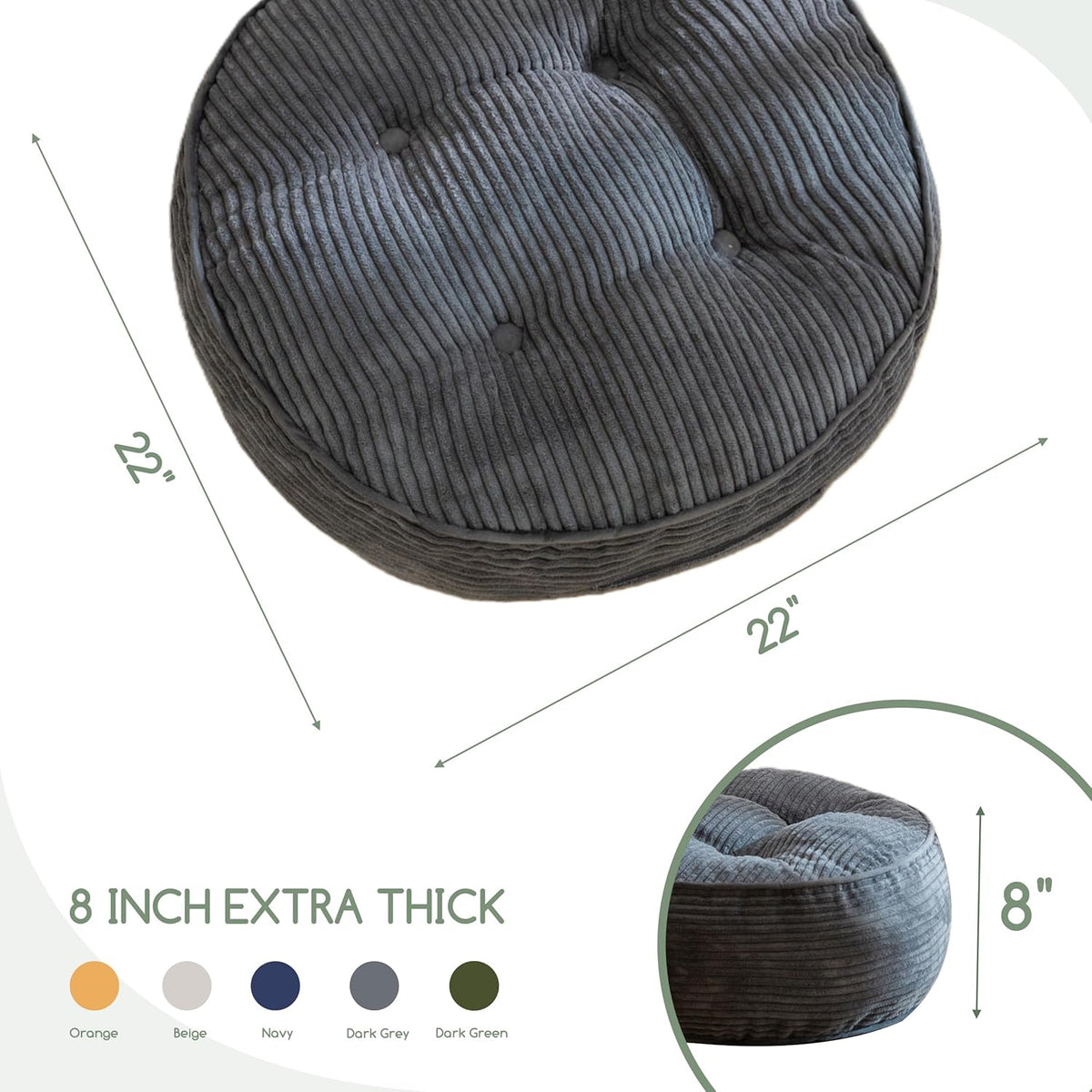 Floor Pillow Cushion for Adults, Meditation Cushion Pillow, Large Square Floor Sitting, Tufted Corduroy Cover, for Tatami Living Room or Yoga, 22x22 Inch, Dark Grey
