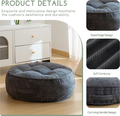 Floor Pillow Cushion for Adults, Meditation Cushion Pillow, Large Square Floor Sitting, Tufted Corduroy Cover, for Tatami Living Room or Yoga, 22x22 Inch, Dark Grey