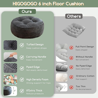 Floor Pillow Cushion for Adults, Meditation Cushion Pillow, Large Square Floor Sitting, Tufted Corduroy Cover, for Tatami Living Room or Yoga, 22x22 Inch, Dark Grey