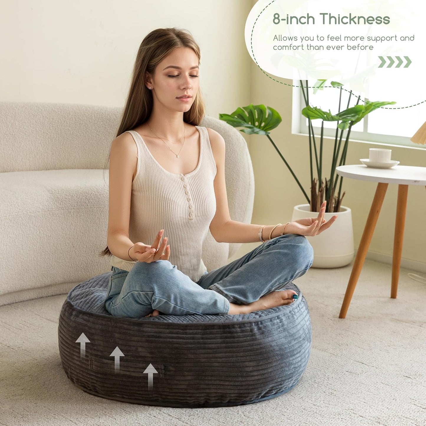 Floor Pillow Cushion for Adults, Meditation Cushion Pillow, Large Square Floor Sitting, Tufted Corduroy Cover, for Tatami Living Room or Yoga, 22x22 Inch, Dark Grey