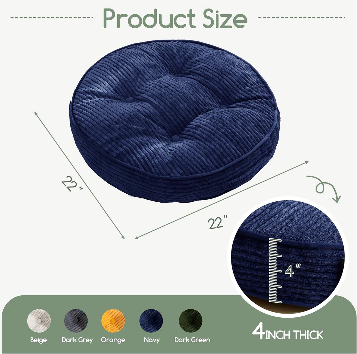 Floor Pillow Cushion for Adults, Meditation Cushion Pillow, Large Square Floor Sitting, Tufted Corduroy Cover, for Tatami Living Room or Yoga, 22x22 Inch, Dark Grey