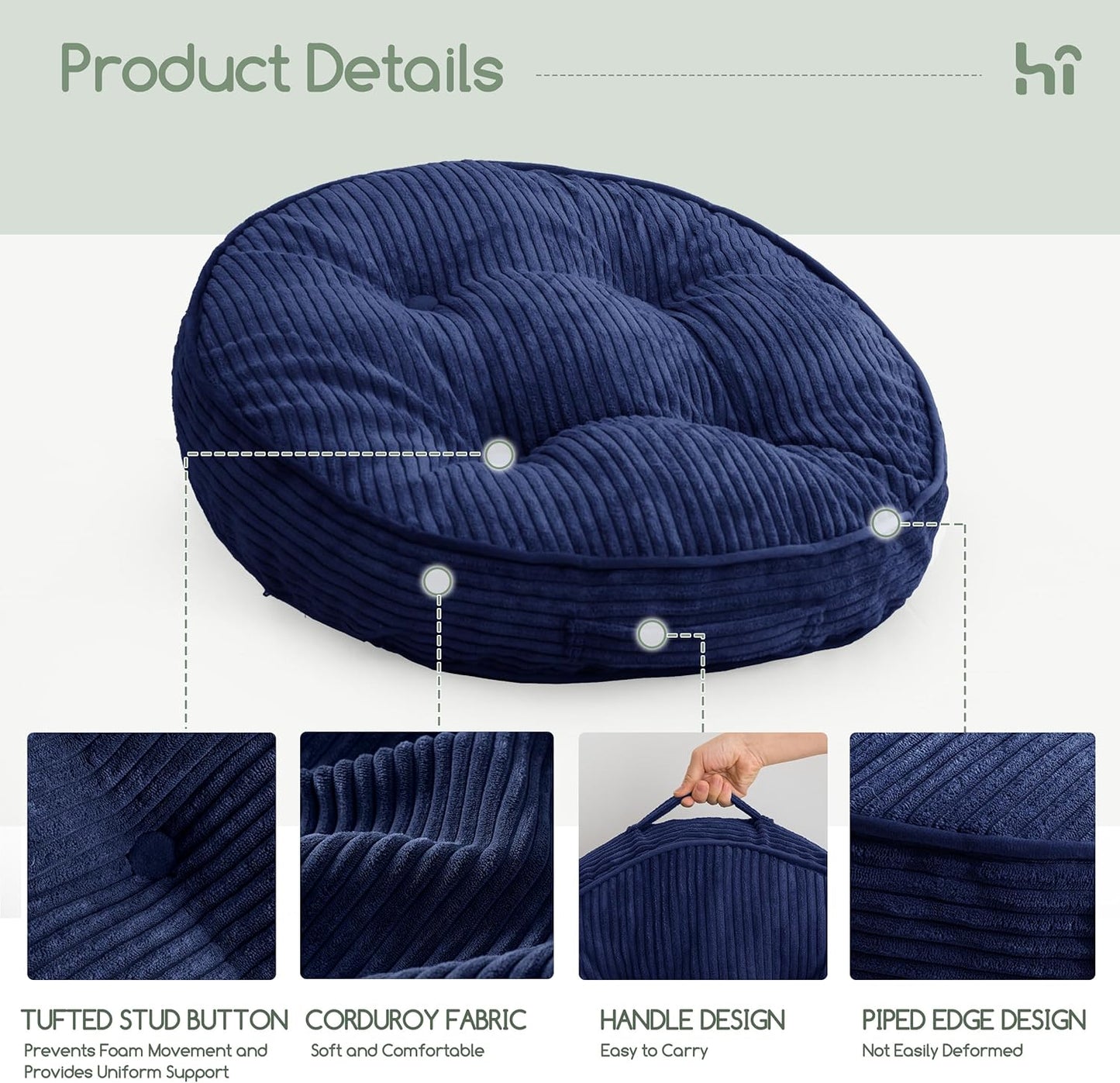 Floor Pillow Cushion for Adults, Meditation Cushion Pillow, Large Square Floor Sitting, Tufted Corduroy Cover, for Tatami Living Room or Yoga, 22x22 Inch, Dark Grey