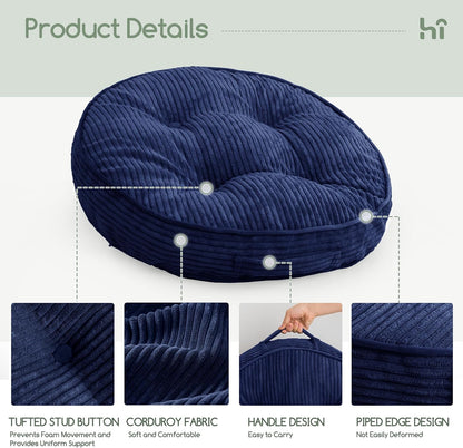 Floor Pillow Cushion for Adults, Meditation Cushion Pillow, Large Square Floor Sitting, Tufted Corduroy Cover, for Tatami Living Room or Yoga, 22x22 Inch, Dark Grey