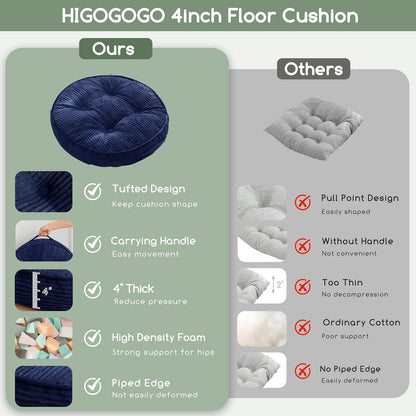 Floor Pillow Cushion for Adults, Meditation Cushion Pillow, Large Square Floor Sitting, Tufted Corduroy Cover, for Tatami Living Room or Yoga, 22x22 Inch, Dark Grey