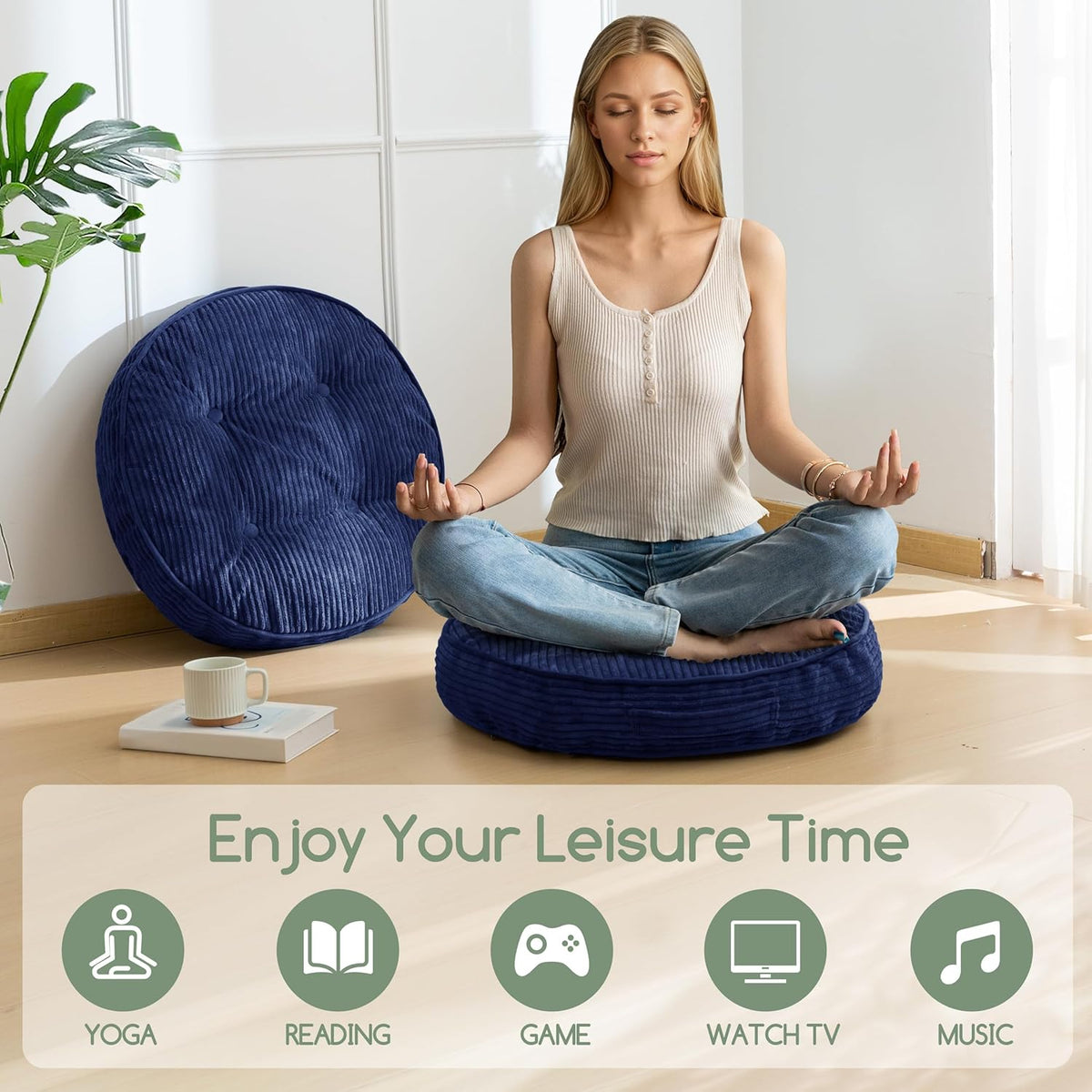 Floor Pillow Cushion for Adults, Meditation Cushion Pillow, Large Square Floor Sitting, Tufted Corduroy Cover, for Tatami Living Room or Yoga, 22x22 Inch, Dark Grey