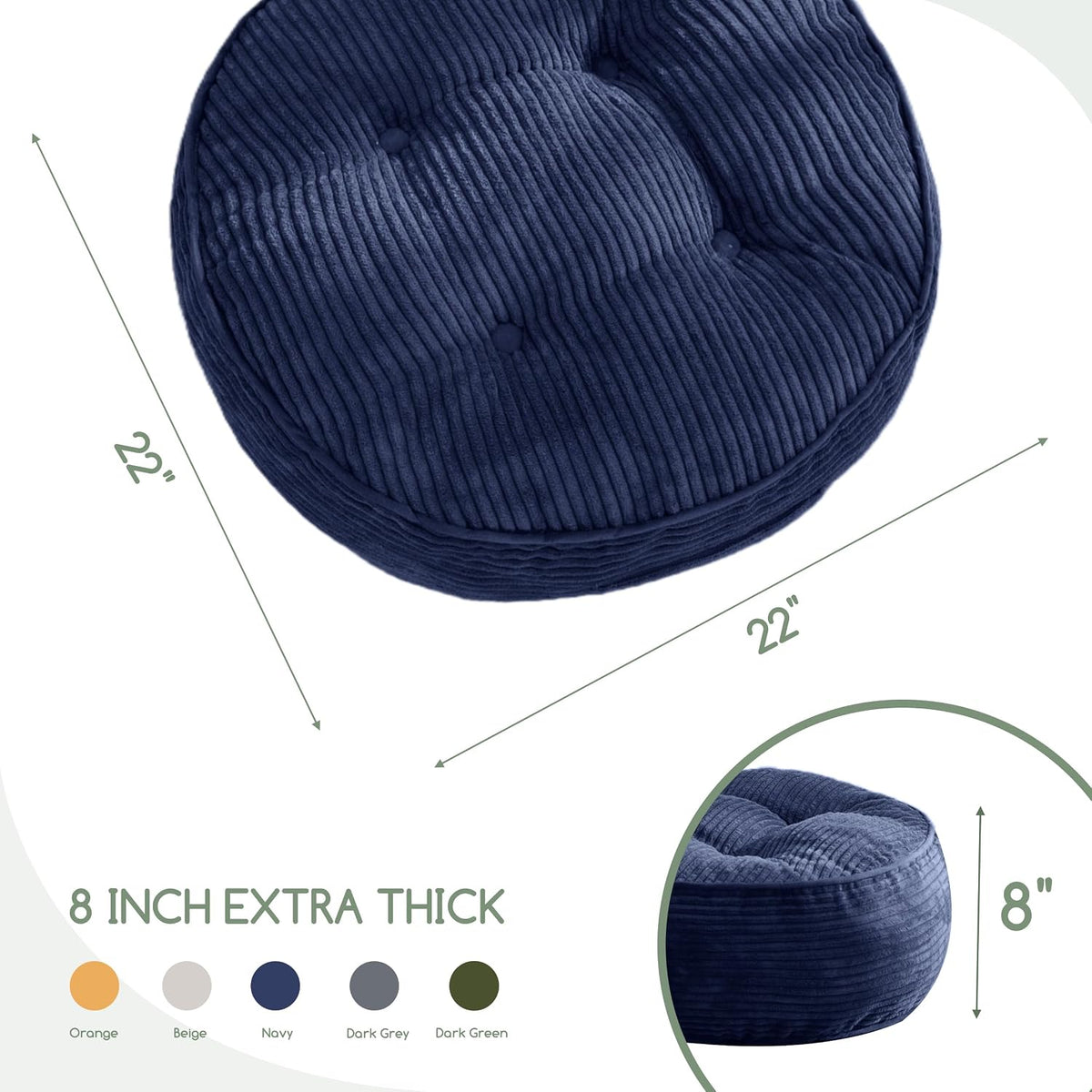 Floor Pillow Cushion for Adults, Meditation Cushion Pillow, Large Square Floor Sitting, Tufted Corduroy Cover, for Tatami Living Room or Yoga, 22x22 Inch, Dark Grey