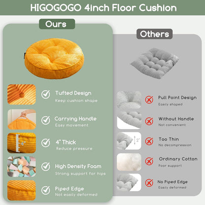 Floor Pillow Cushion for Adults, Meditation Cushion Pillow, Large Square Floor Sitting, Tufted Corduroy Cover, for Tatami Living Room or Yoga, 22x22 Inch, Dark Grey