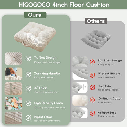 Floor Pillow Cushion for Adults, Meditation Cushion Pillow, Large Square Floor Sitting, Tufted Corduroy Cover, for Tatami Living Room or Yoga, 22x22 Inch, Dark Grey