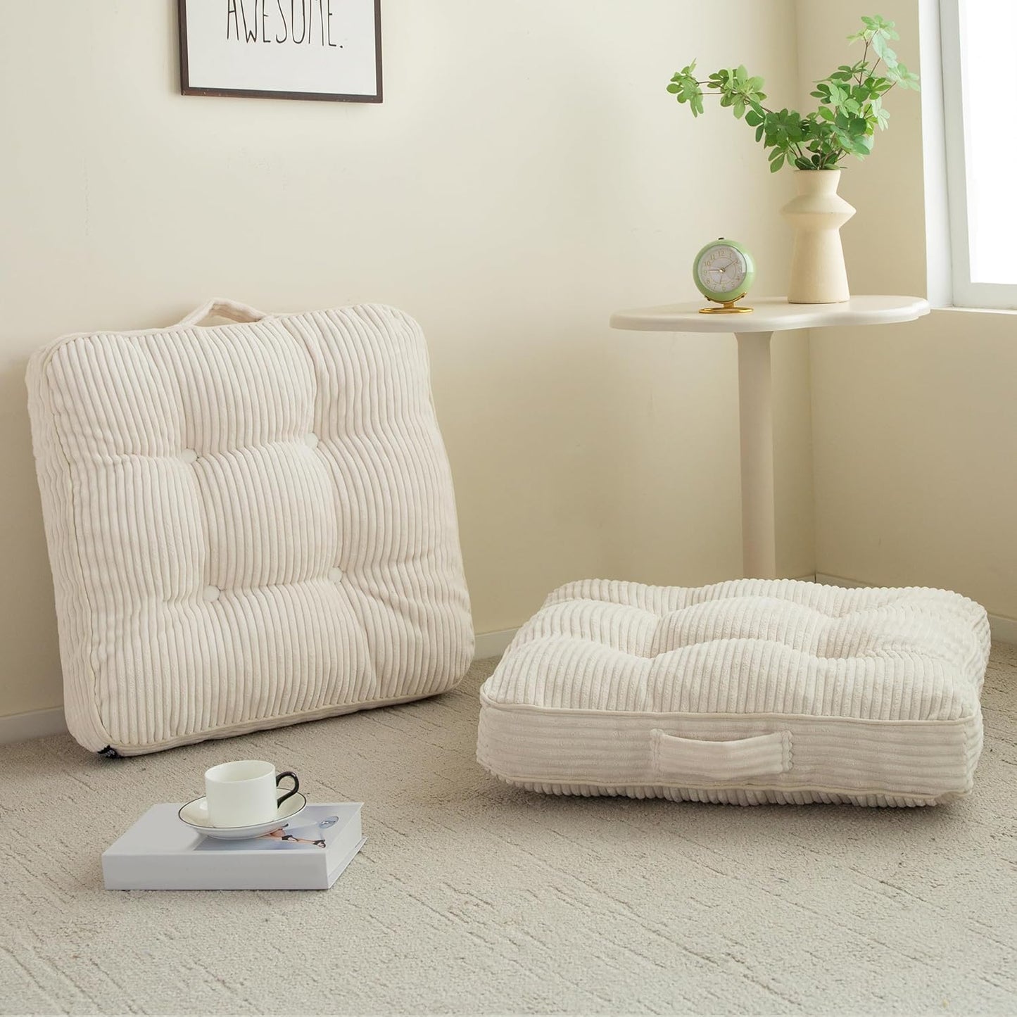Floor Pillow Cushion for Adults, Meditation Cushion Pillow, Large Square Floor Sitting, Tufted Corduroy Cover, for Tatami Living Room or Yoga, 22x22 Inch, Dark Grey