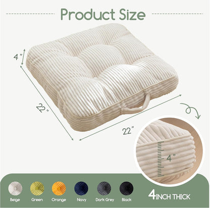 Floor Pillow Cushion for Adults, Meditation Cushion Pillow, Large Square Floor Sitting, Tufted Corduroy Cover, for Tatami Living Room or Yoga, 22x22 Inch, Dark Grey