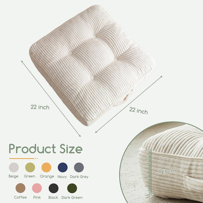 Floor Pillow Cushion for Adults, Meditation Cushion Pillow, Large Square Floor Sitting, Tufted Corduroy Cover, for Tatami Living Room or Yoga, 22x22 Inch, Dark Grey