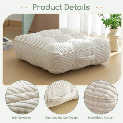 Floor Pillow Cushion for Adults, Meditation Cushion Pillow, Large Square Floor Sitting, Tufted Corduroy Cover, for Tatami Living Room or Yoga, 22x22 Inch, Dark Grey