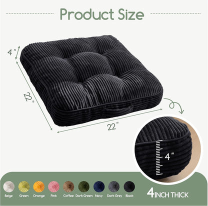 Floor Pillow Cushion for Adults, Meditation Cushion Pillow, Large Square Floor Sitting, Tufted Corduroy Cover, for Tatami Living Room or Yoga, 22x22 Inch, Dark Grey