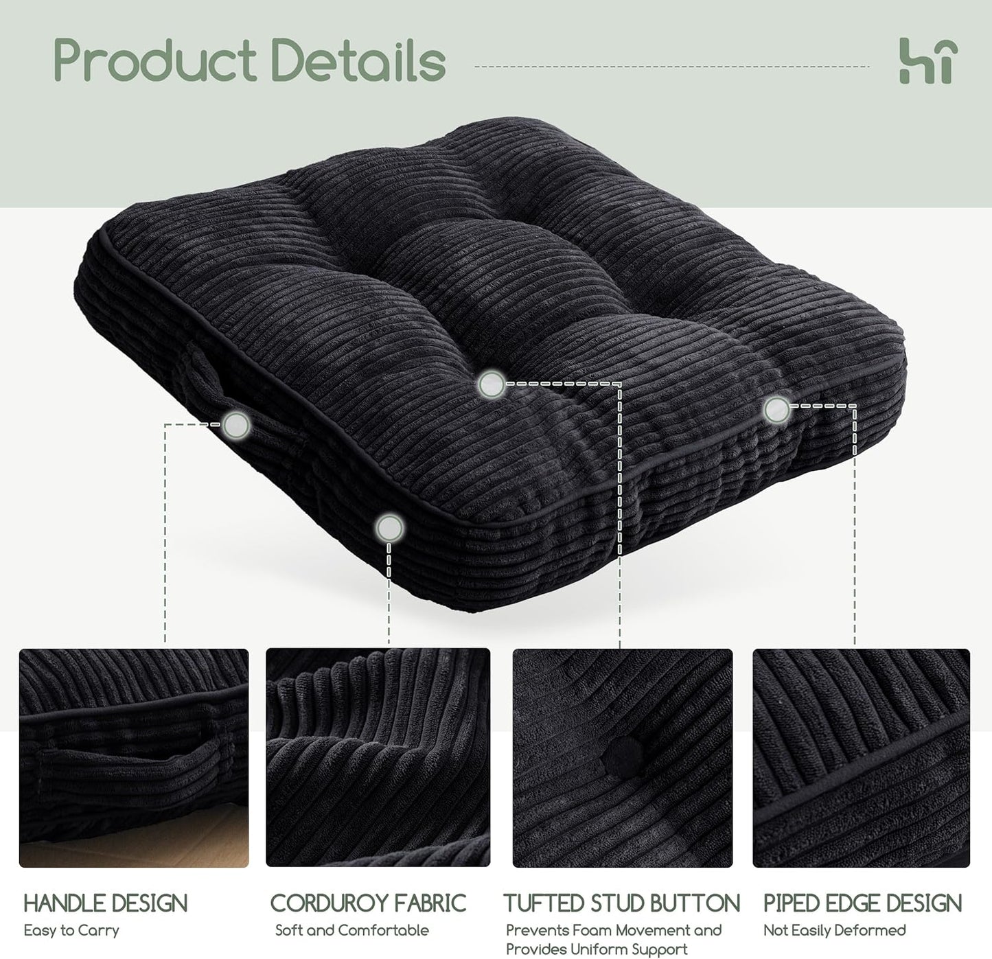 Floor Pillow Cushion for Adults, Meditation Cushion Pillow, Large Square Floor Sitting, Tufted Corduroy Cover, for Tatami Living Room or Yoga, 22x22 Inch, Dark Grey