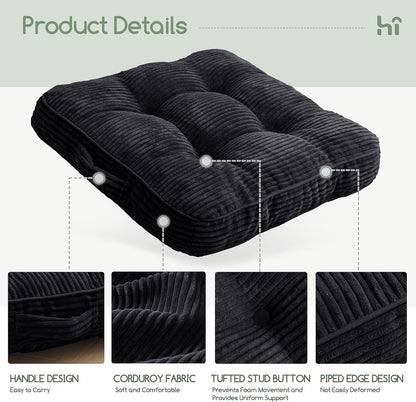 Floor Pillow Cushion for Adults, Meditation Cushion Pillow, Large Square Floor Sitting, Tufted Corduroy Cover, for Tatami Living Room or Yoga, 22x22 Inch, Dark Grey