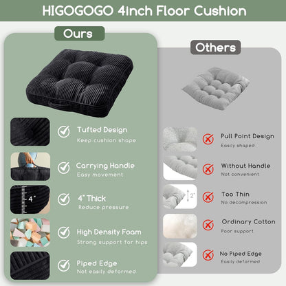 Floor Pillow Cushion for Adults, Meditation Cushion Pillow, Large Square Floor Sitting, Tufted Corduroy Cover, for Tatami Living Room or Yoga, 22x22 Inch, Dark Grey