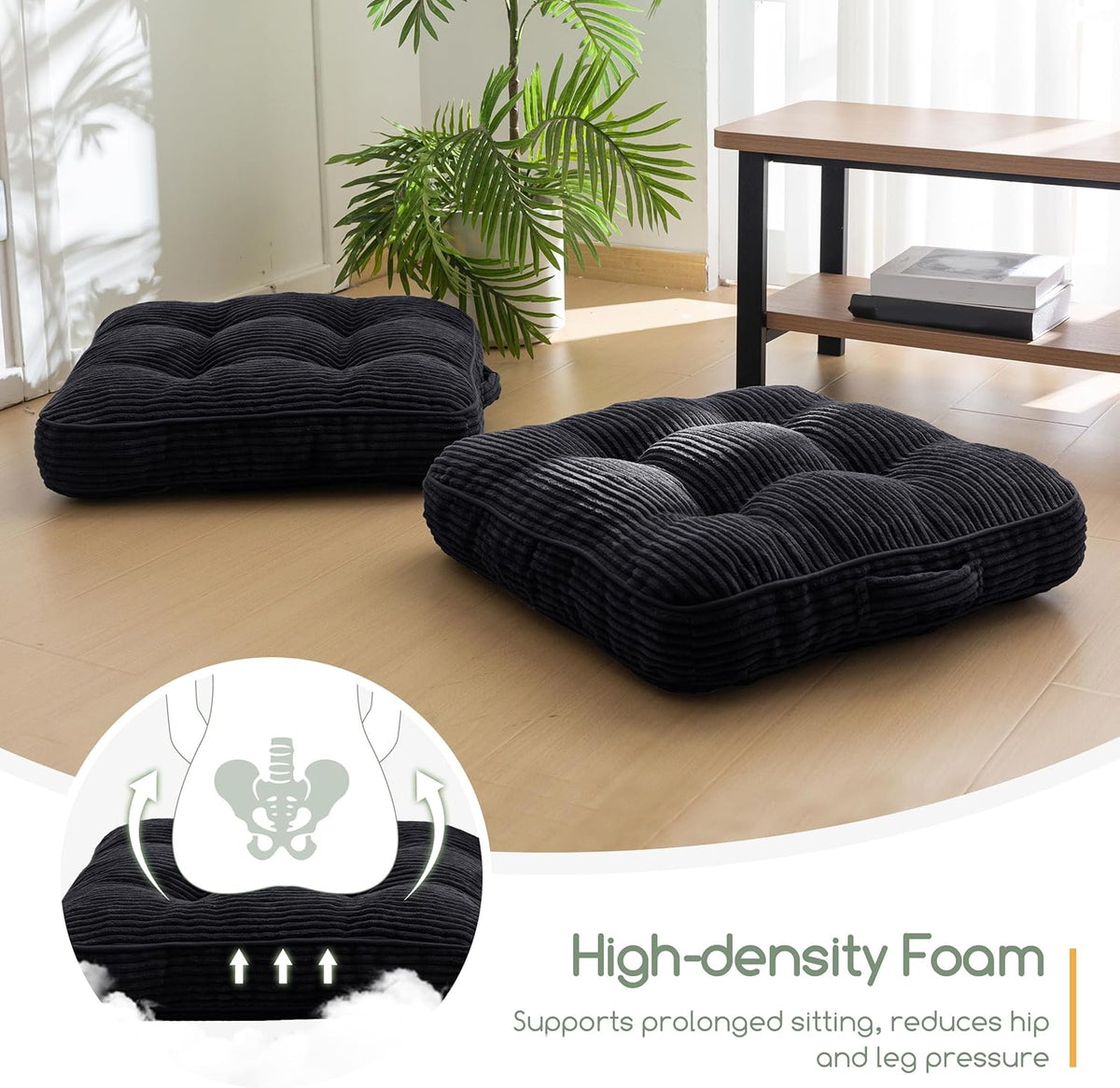 Floor Pillow Cushion for Adults, Meditation Cushion Pillow, Large Square Floor Sitting, Tufted Corduroy Cover, for Tatami Living Room or Yoga, 22x22 Inch, Dark Grey