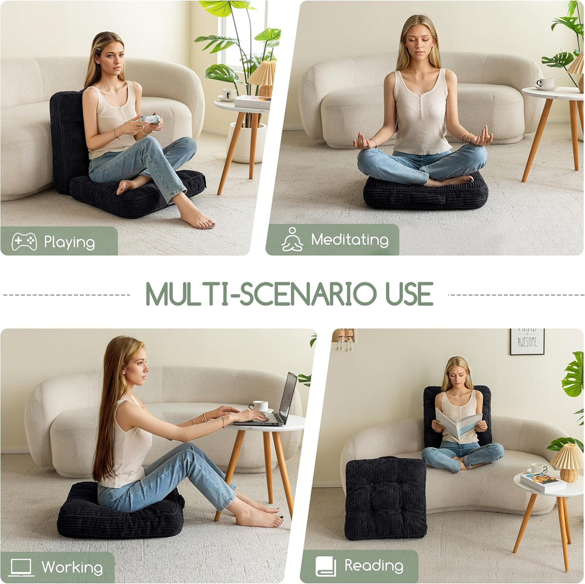 Floor Pillow Cushion for Adults, Meditation Cushion Pillow, Large Square Floor Sitting, Tufted Corduroy Cover, for Tatami Living Room or Yoga, 22x22 Inch, Dark Grey