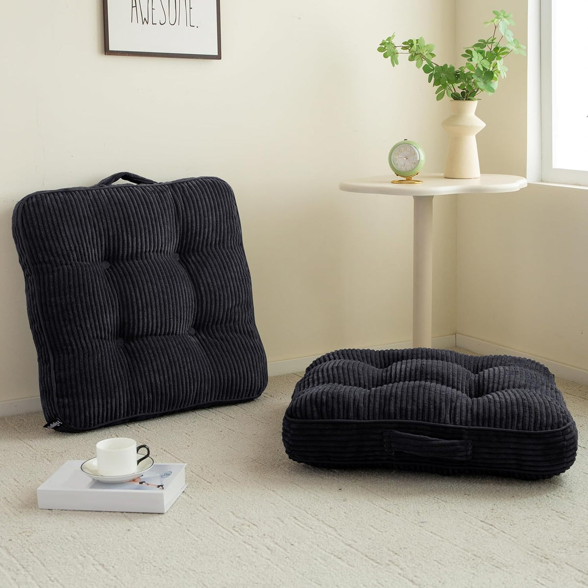 Floor Pillow Cushion for Adults, Meditation Cushion Pillow, Large Square Floor Sitting, Tufted Corduroy Cover, for Tatami Living Room or Yoga, 22x22 Inch, Dark Grey
