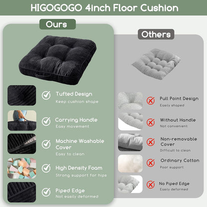 Floor Pillow Cushion for Adults, Meditation Cushion Pillow, Large Square Floor Sitting, Tufted Corduroy Cover, for Tatami Living Room or Yoga, 22x22 Inch, Dark Grey