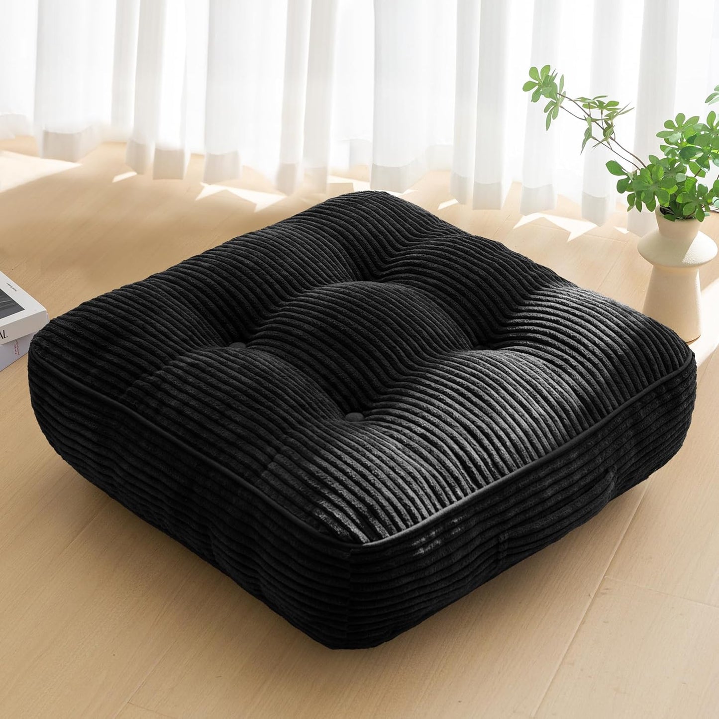 Floor Pillow Cushion for Adults, Meditation Cushion Pillow, Large Square Floor Sitting, Tufted Corduroy Cover, for Tatami Living Room or Yoga, 22x22 Inch, Dark Grey