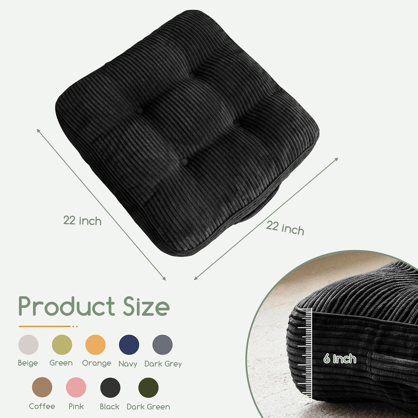 Floor Pillow Cushion for Adults, Meditation Cushion Pillow, Large Square Floor Sitting, Tufted Corduroy Cover, for Tatami Living Room or Yoga, 22x22 Inch, Dark Grey
