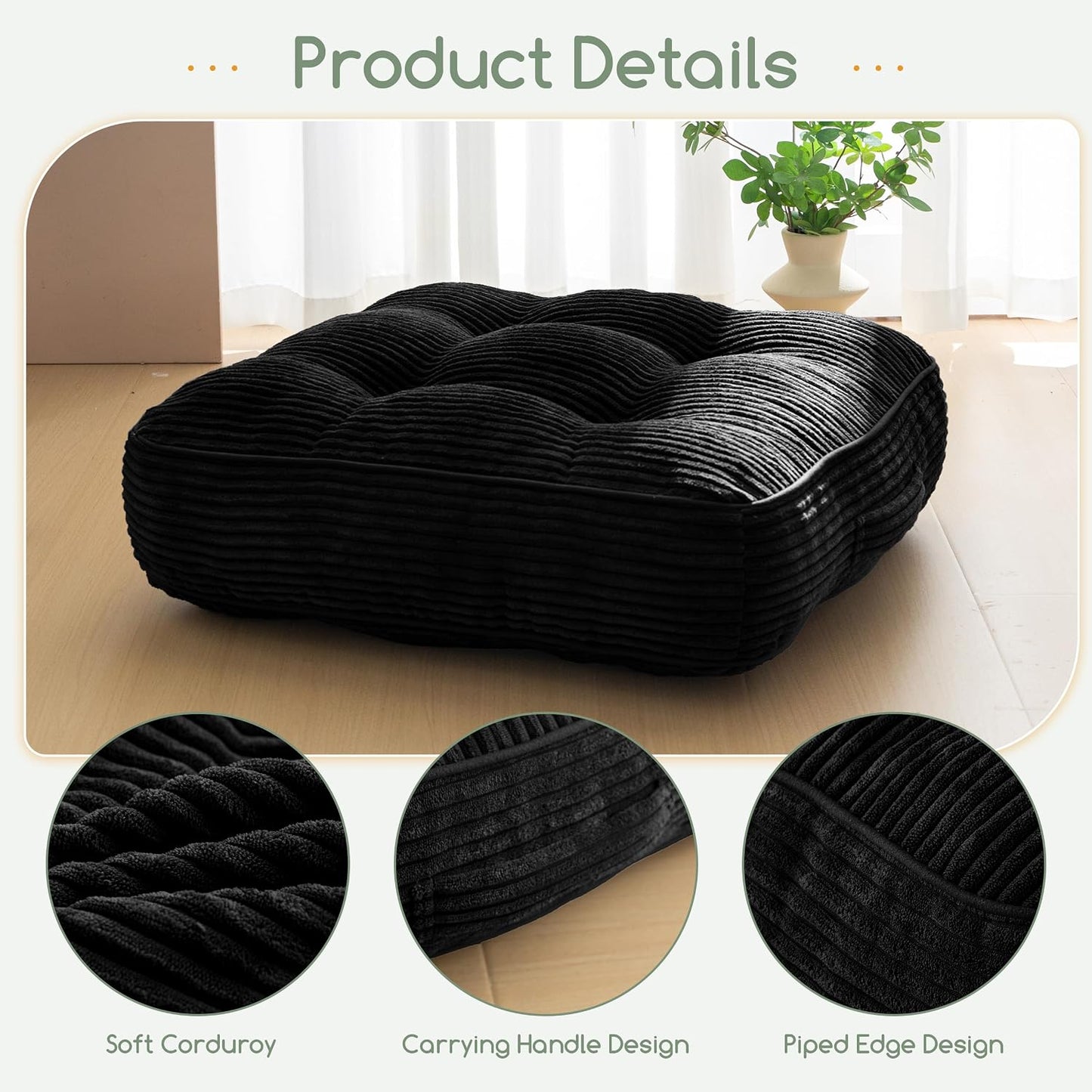 Floor Pillow Cushion for Adults, Meditation Cushion Pillow, Large Square Floor Sitting, Tufted Corduroy Cover, for Tatami Living Room or Yoga, 22x22 Inch, Dark Grey