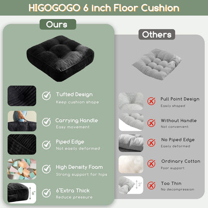 Floor Pillow Cushion for Adults, Meditation Cushion Pillow, Large Square Floor Sitting, Tufted Corduroy Cover, for Tatami Living Room or Yoga, 22x22 Inch, Dark Grey