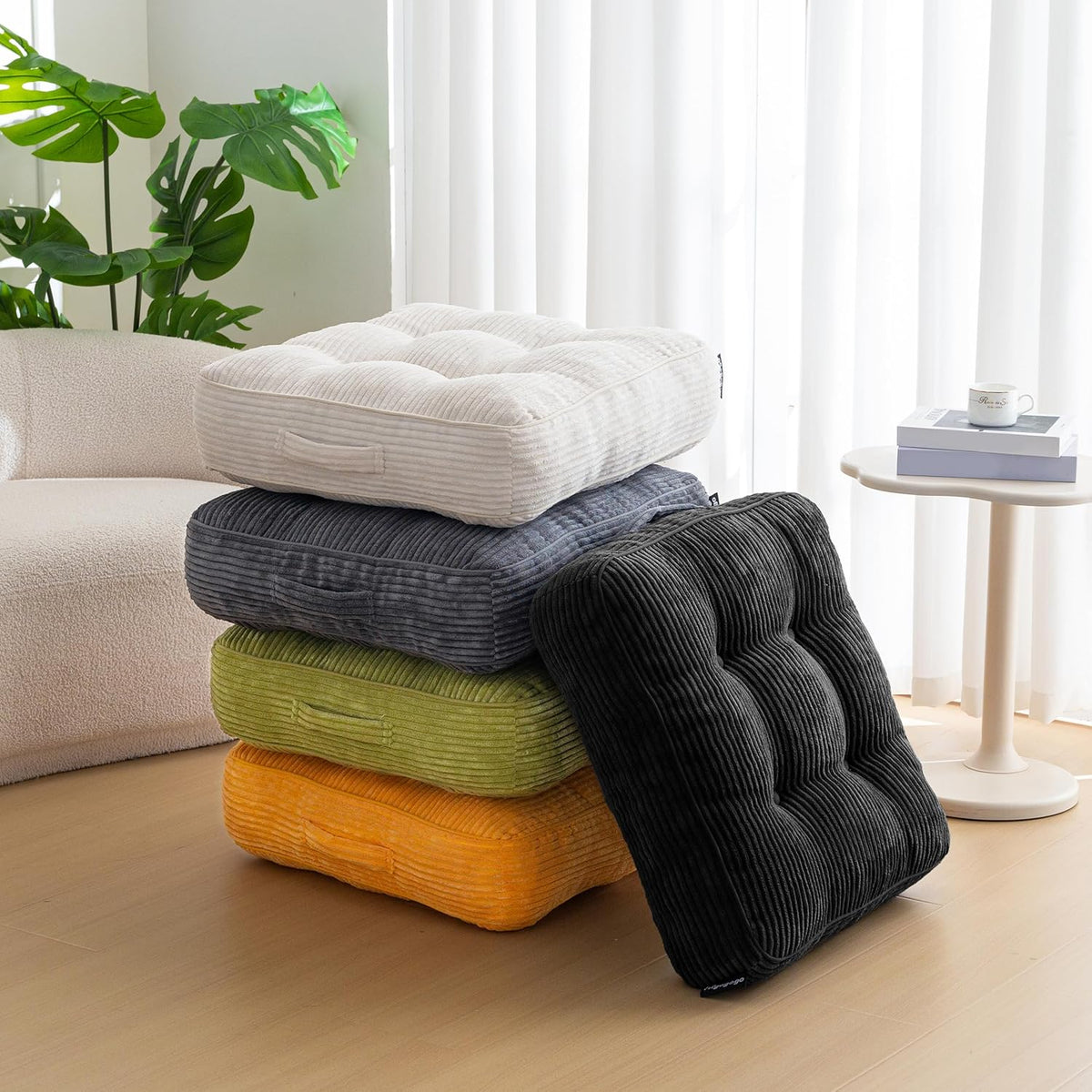 Floor Pillow Cushion for Adults, Meditation Cushion Pillow, Large Square Floor Sitting, Tufted Corduroy Cover, for Tatami Living Room or Yoga, 22x22 Inch, Dark Grey