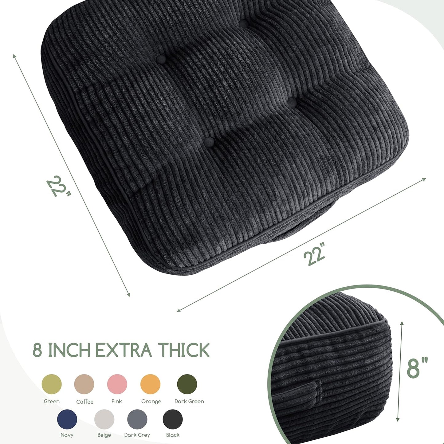 Floor Pillow Cushion for Adults, Meditation Cushion Pillow, Large Square Floor Sitting, Tufted Corduroy Cover, for Tatami Living Room or Yoga, 22x22 Inch, Dark Grey