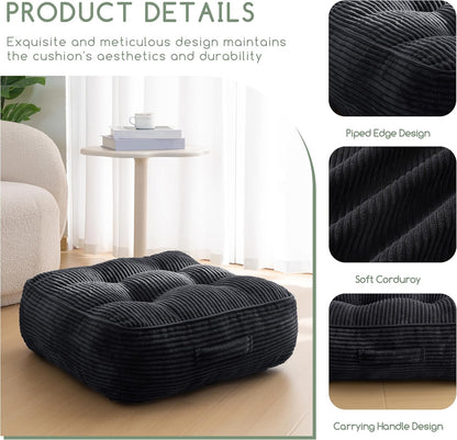 Floor Pillow Cushion for Adults, Meditation Cushion Pillow, Large Square Floor Sitting, Tufted Corduroy Cover, for Tatami Living Room or Yoga, 22x22 Inch, Dark Grey
