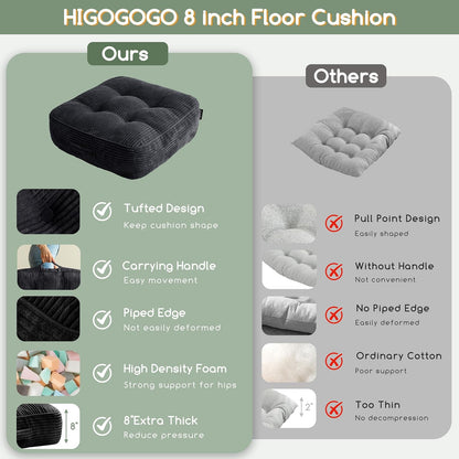 Floor Pillow Cushion for Adults, Meditation Cushion Pillow, Large Square Floor Sitting, Tufted Corduroy Cover, for Tatami Living Room or Yoga, 22x22 Inch, Dark Grey