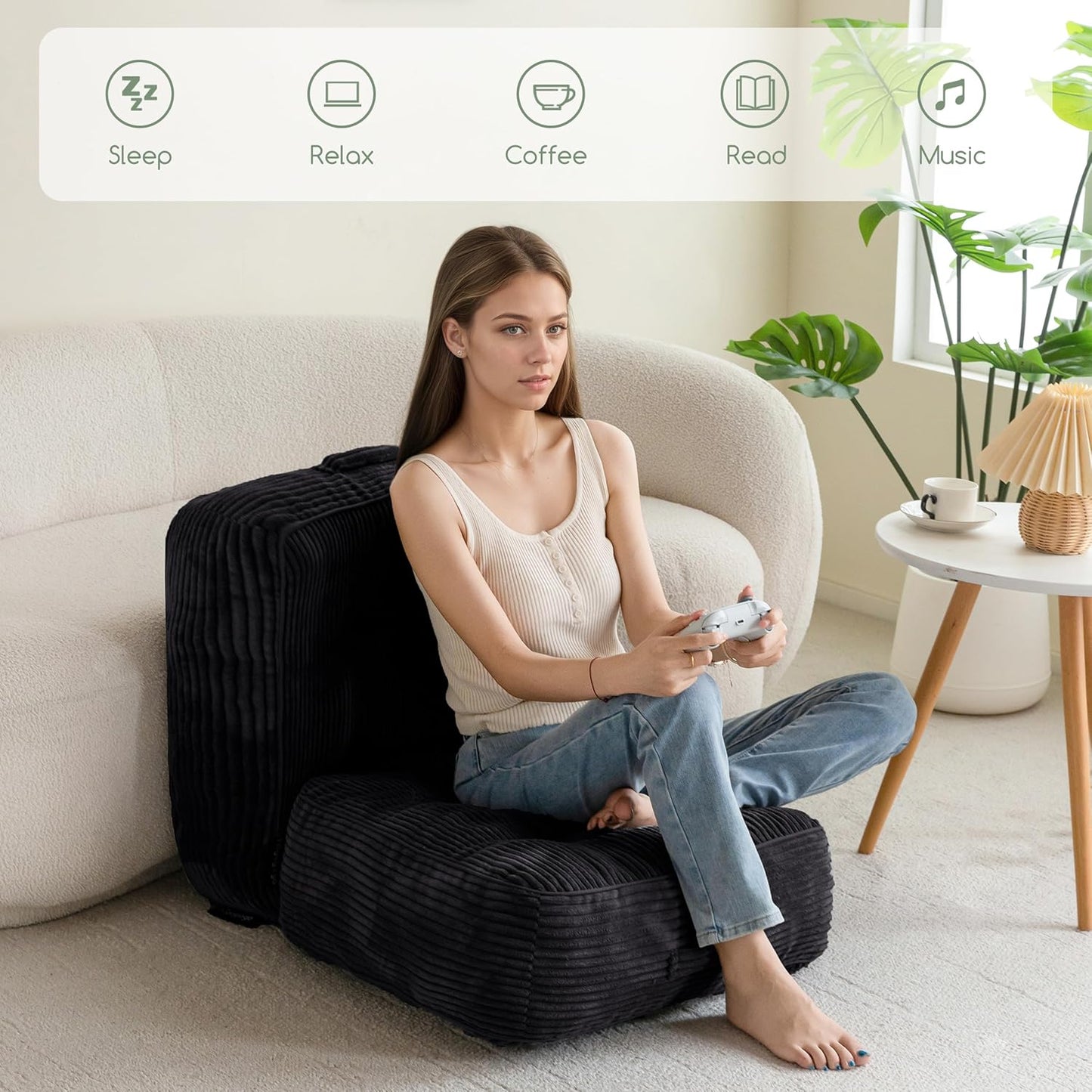 Floor Pillow Cushion for Adults, Meditation Cushion Pillow, Large Square Floor Sitting, Tufted Corduroy Cover, for Tatami Living Room or Yoga, 22x22 Inch, Dark Grey