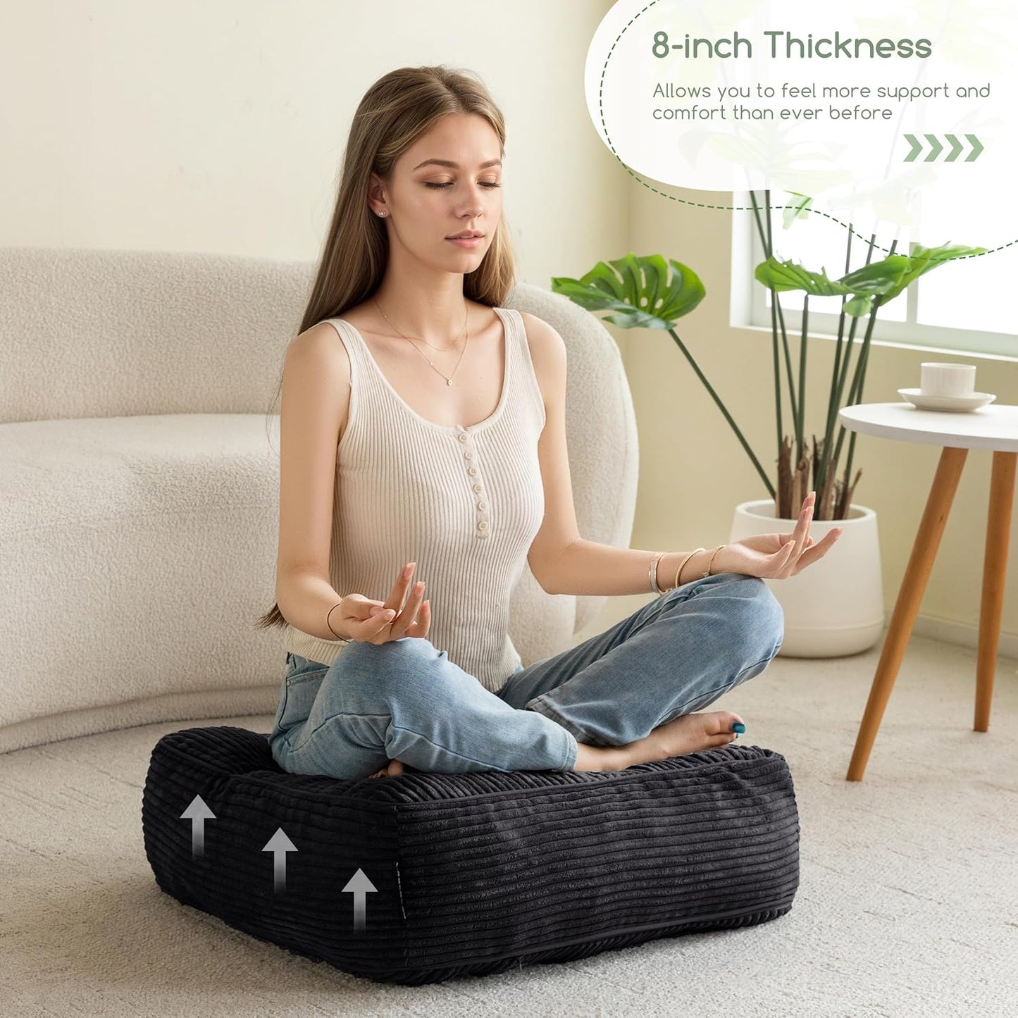 Floor Pillow Cushion for Adults, Meditation Cushion Pillow, Large Square Floor Sitting, Tufted Corduroy Cover, for Tatami Living Room or Yoga, 22x22 Inch, Dark Grey